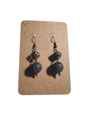 Lava Stone Dangle Earrings Bronze Hook Handmade Jewelry Boho Island Core Gift